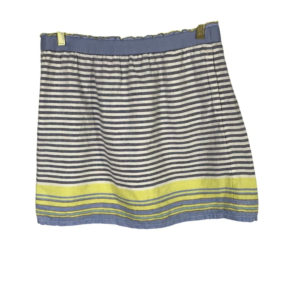 Ann Taylor LOFT Striped Linen Blend Skirt M Blue White Yellow Pockets 15x17